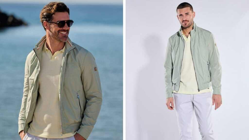 Mann trägt eine leichte, olivgrüne Blousonjacke von emilio adani mit Reißverschluss, kombiniert mit hellem Shirt und Hose.