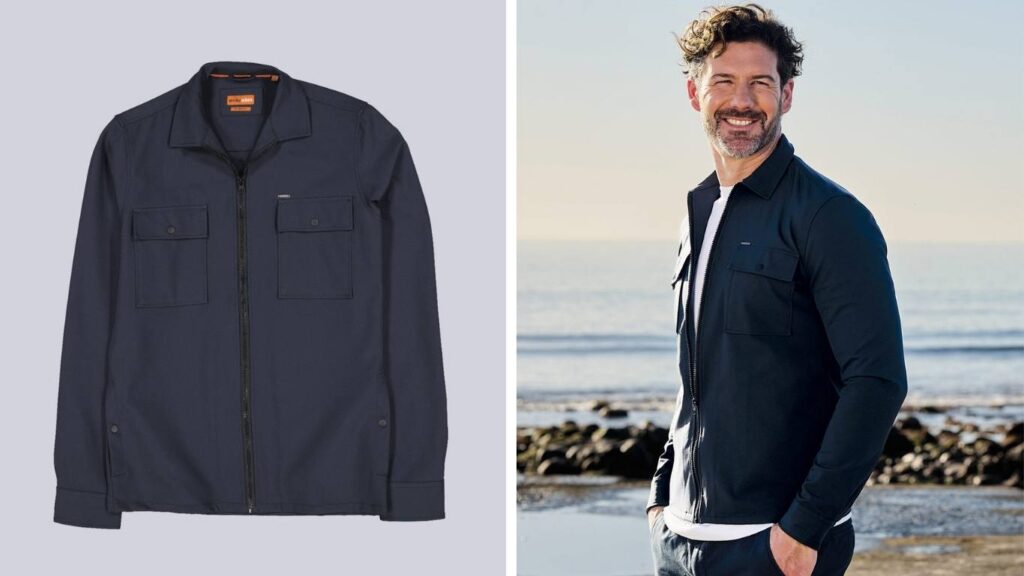 Dunkelblaue emilio adani Jacke im Overshirt-Stil mit Reißverschluss und zwei aufgesetzten Brusttaschen zusätzlich freigestellt dargestellt.