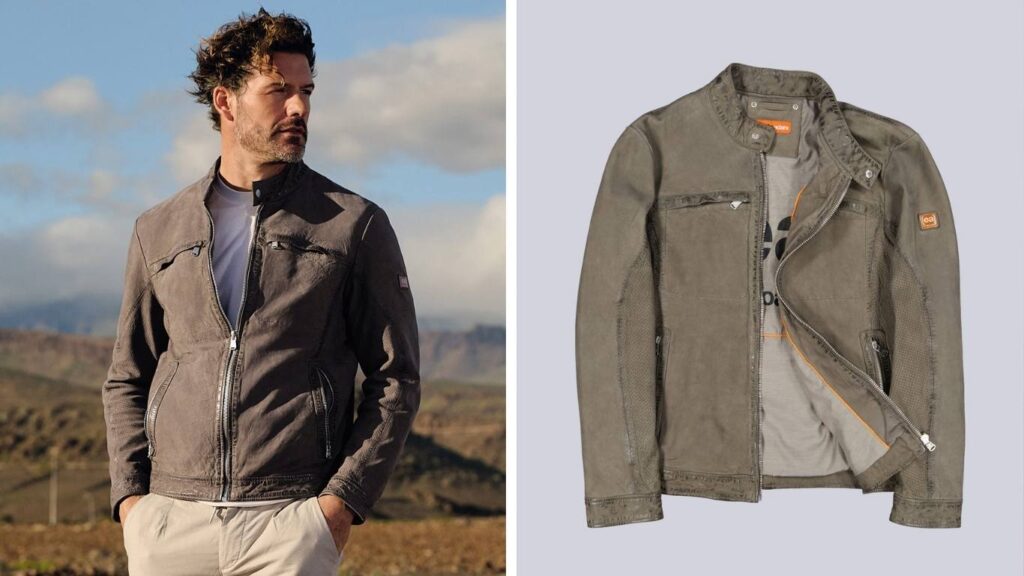 Mann trägt eine beige emilio adani Lammlederjacke über einem hellem T-Shirt.