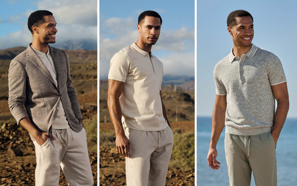 Drei Männer präsentieren unterschiedliche emilio adani Sommer-Outfits: links ein Sakko mit hellem Strick-  Shirt und Hose in natürlicher Landschaft, mittig ein beiges Poloshirt mit heller Hose vor bergiger Kulisse, rechts ein hellgrünes Poloshirt mit grüner Hose am Meer.