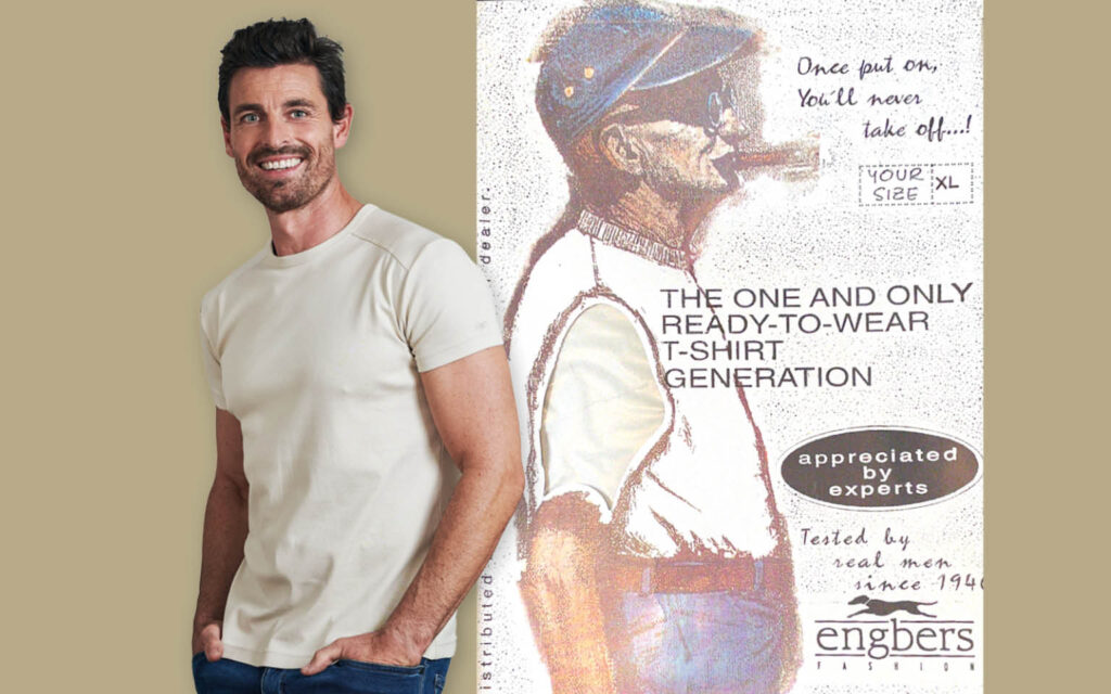 Mann in hellem T-Shirt neben einer nostalgischen Illustration mit Werbetext für das engbers Basic-Shirt.