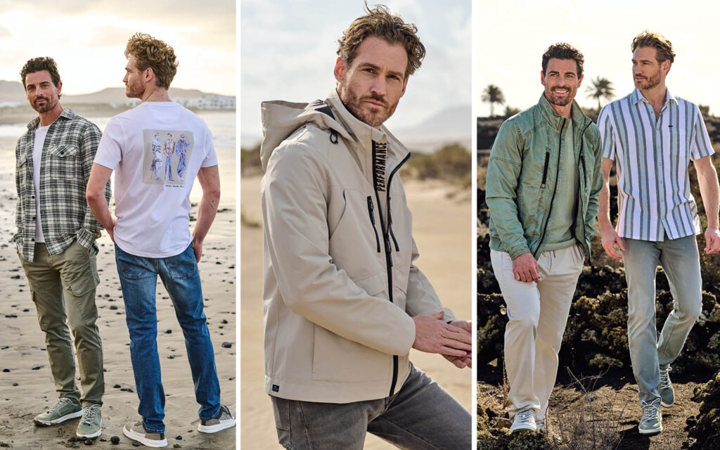 engbers Jubiläumskollektion Looks Mehrere Männer tragen Looks der engbers Jubiläumskollektion am Strand im Fokus das Jubiläums T-Shirt.