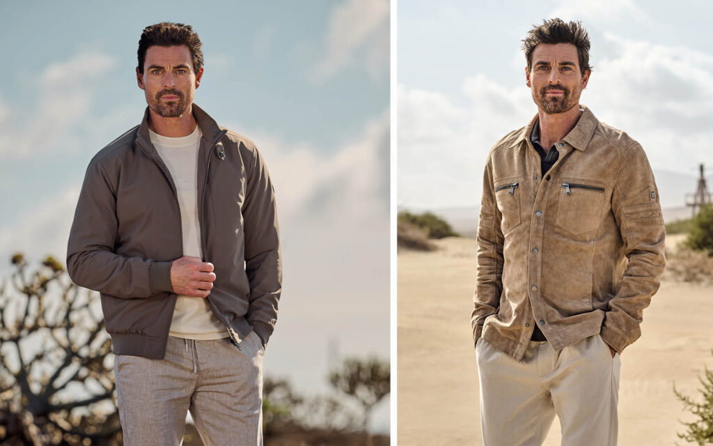 engbers Jubiläumsjacken im Outdoor-Look Zwei Männer tragen Jacken der engbers Jubiläumskollektion in der sommerlichen Landschaft.