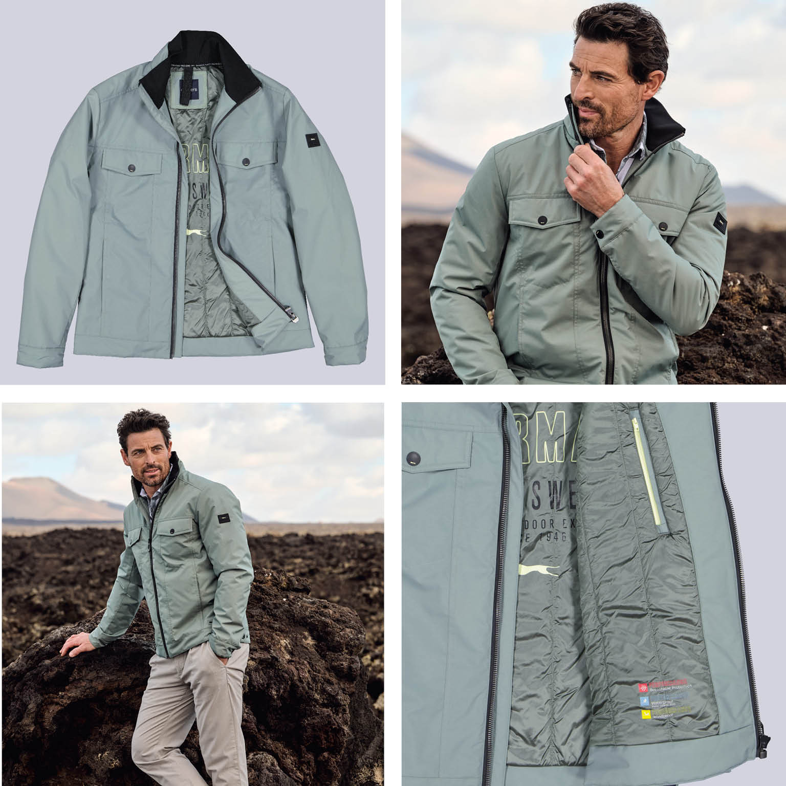 engbers Herrenjacke im Outdoor-Look Hellgrüne engbers Herrenjacke, als Produkt und getragen von einem Model in felsiger Landschaft sowie Detailansicht des Innenfutters