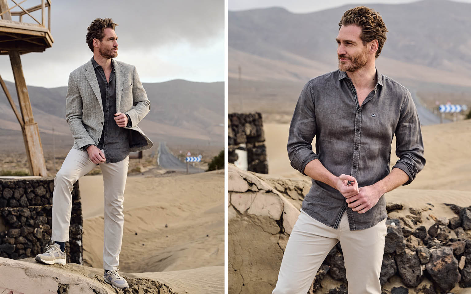 Mann trägt helle Hose mit Hemd und Sakko in einer Wüstenlandschaft