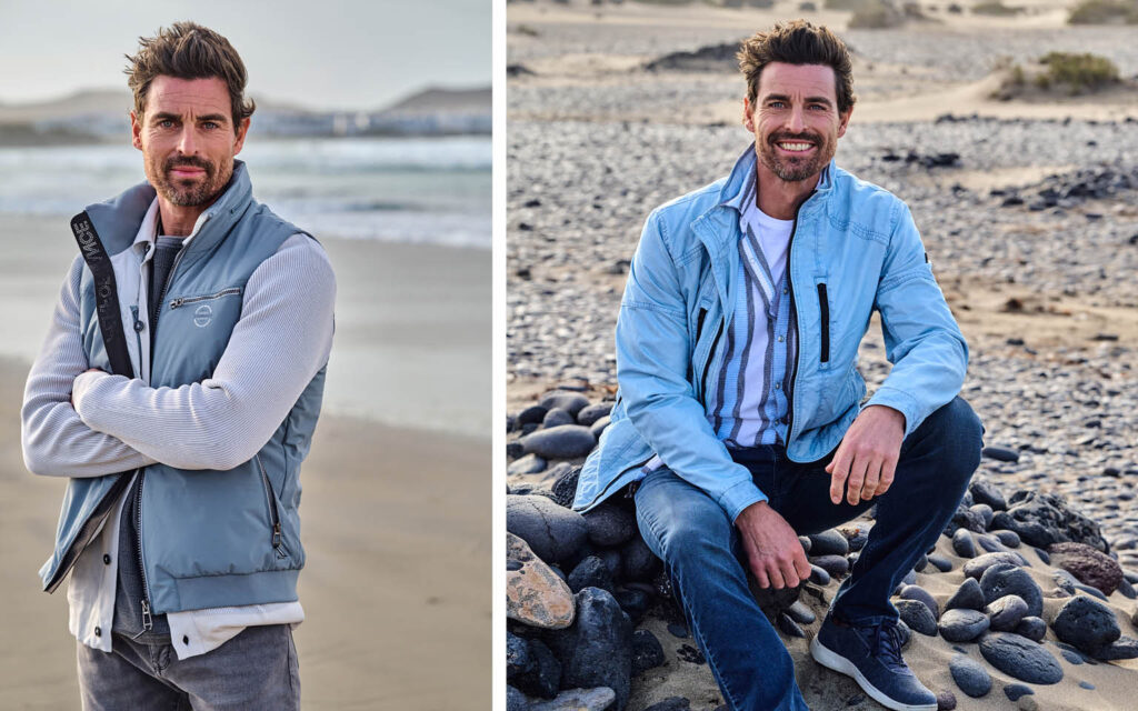 engbers Jubiläumslooks am Strand Zwei Männer zeigen einmal ein Jacken Outfit der engbers Jubiläumskollektion am Strand und ein Westen Outfit.