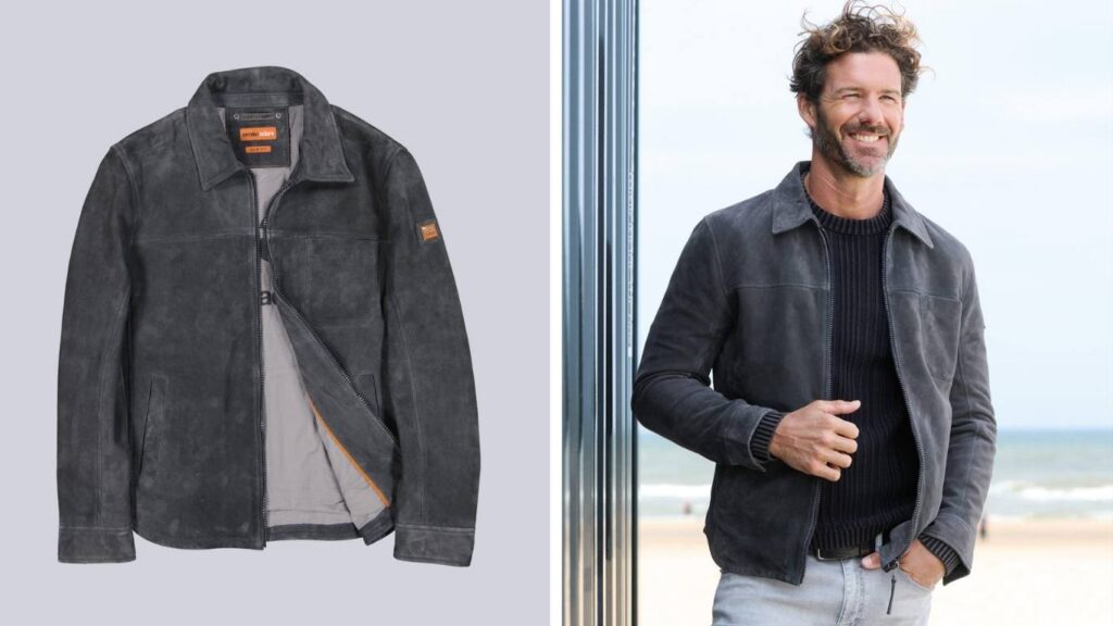 Graue emilio adani Lederjacke aus Veloursleder im Overshirt-Srtyle mit Reißverschluss und seitlichen Taschen, offen dargestellt.