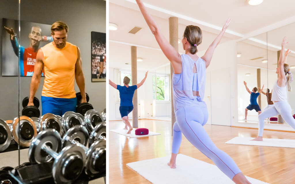 Fitness- und Bewegungsangebote Collage aus zwei Bildern: Links trainiert eine Person mit Hanteln in einem Fitnessraum. Rechts führen mehrere Personen Übungen auf Matten durch.
